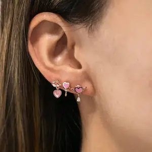 Sweet Pink Heart Cartilage Studs, 18K Gold Drip Ear Jewelry that Does not Fade, Piercing Twist Ball Ear Studs in INS Style