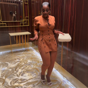 Euro-americano K3137 Sexy collant in raso sottile vestito caldo di vendita manica lunga con spacco con bottone Casual aderente tinta unita - Product Image 2