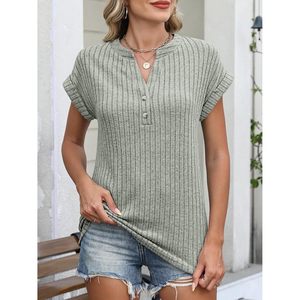 FOXA Womens Short Sleeve Henley Shirt V Neck Ribbed Knit <b>Top</b> Breathable Cotton Summer Tunic Casual Work Blouse - Product Image 2