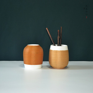 Bamboo Woven Porcelain <b>Teacup</b> Traditional Chinese Style Round Cup For Travel And Gift ZB 014 - Product Image 4