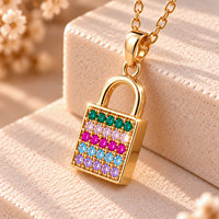 Collier pendentif cadenas rond en laiton plaqué or 18 carats avec zircons multicolores, bijoux pour femmes, OEM personnalisé