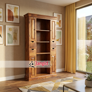 Bibliothèque moderne en bois avec 5 étagères, armoire à chaussures artisanale à 4 tiroirs et 4 portes, pour la maison et la ferme - Product Image 3