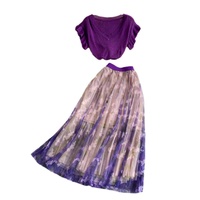 Femmes printemps nouveau Style taille haute maille plissée demi jupe ensemble col en v glace soie tricoté haut haute couture demi-lune coupe conception