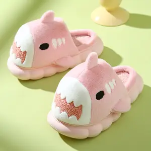 New Shark Slides Slippers Winter Warm Cartoon Indoor Outdoor Non-slip Thick Bottom Fuzzy Plush Home Slippers For Kids