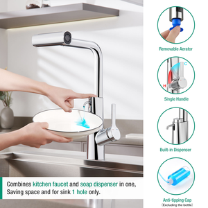 เครื่องจ่ายสบู่ในตัว 360 °   ก๊อกน้ำห้องครัวแบบหมุนได้ รุ่นดึงลงได้ น้ำร้อนน้ำเย็น ผลิตจากสแตนเลส 304 - Product Image 3