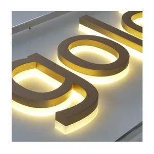 High Quality Wholesale Custom Gold Led Illuminated Logo Sign Brushed Metal Logo 3D Backlit Signage Led Letter Sign