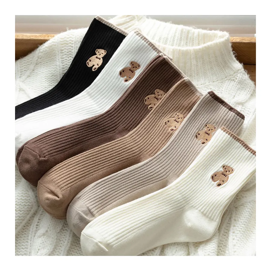 Spring Summer Korean Style Embroidery Bear Colorful Medias Cotton Socks Women