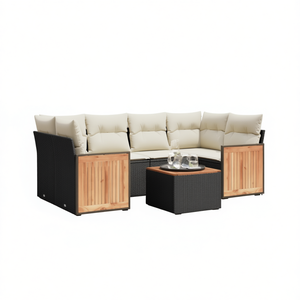 Ensemble de canapés de jardin blanc crème 6 places en rotin, mobilier d'extérieur résistant aux intempéries, design contemporain, panneaux en teck - Product Image 1