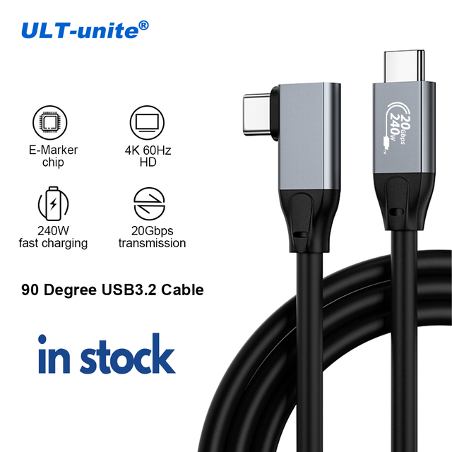 ULT-unite USB3.2 Type-C Cable 20Gbps Data Transfer 240W 5A Fast Charging Aluminum Alloy 2m 90 Degree Cable with PVC Jacket