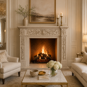 Chimenea tradicional de mármol con tallado ornamentado, de mármol travertino beige, para interiores, con estufa de leña para comedor. - Product Image 6