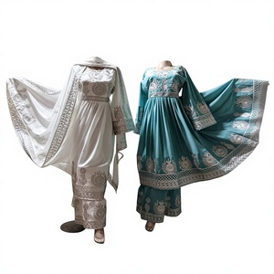 White Teal Embroidered Silk Women's Vintage Anti-Wrinkle Maxi <b>Dress</b> Long Sleeve Neck Loose Fit Flared Hem India Pakistan Ethnic - Product Image 1