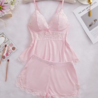 Ensemble de Nuit Femme en Dentelle et Satin, Haut Cami et Short, Col en V, Bretelles Fines, Ourlet Volanté, 2 Pièces, Lingerie de Nuit, Tenue de Nuit