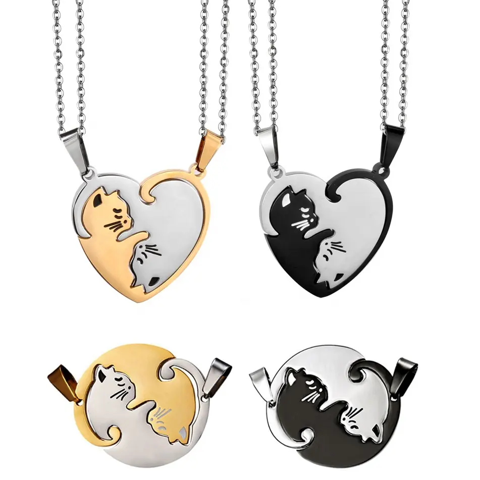 2 pièces/paire cadeau de saint-valentin rond en forme de cœur en acier inoxydable assorti Yin Yang chat meilleur ami Couple collier bijoux