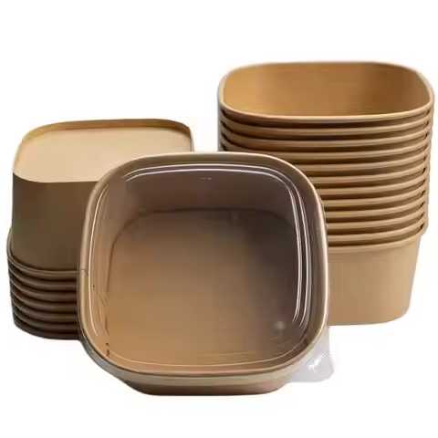 Recyclable Biodegradable Disposable Square Kraft Paper Salad Bowl with Lid and Take Out Plate for Sushi & Pizza Lunch Serving