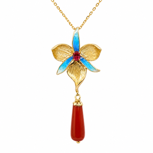 Conjunto de joyería UM Jewelry 925 Sliver Orchid in the Valley con ágata roja y piedras preciosas de rubí rojo cultivado en laboratorio (pendientes + colgante) - Product Image 1