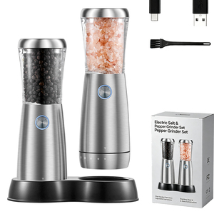 Moderno juego de molinillos de sal y pimienta recargables de acero inoxidable con núcleo cerámico, luz LED, capacidad grande ajustable para el hogar - Product Image 1