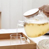 Bouilloire à thé en verre borosilicate écologique 34 OZ/1000ml PSC-TP016, moderne, faite à la main, de luxe, résistante à la chaleur, en bambou, en stock