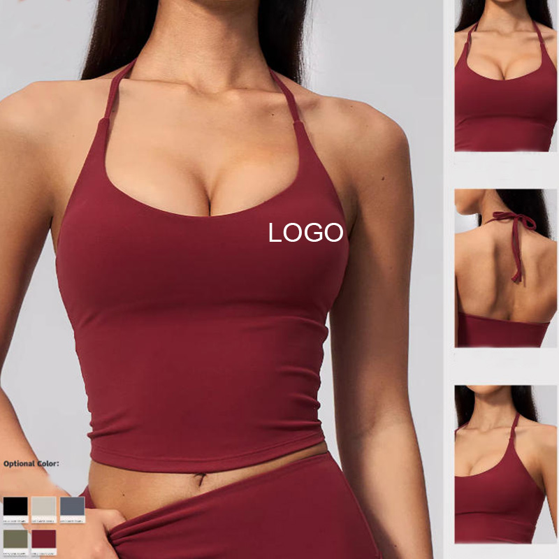 Creamy-feel Breathable Spandex/Nylon Yoga Tank Top Halter Straps V-neck Figure-Flattering Design for Fitness Vest Workout