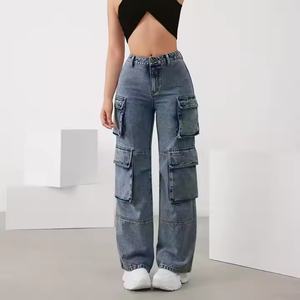 Jeans de Cintura Media Personalizados para Mujer, Estilo Hip-Hop Urbano, Vintage, Lavado Ácido, Desgastado, con Múltiples Bolsillos, Tipo Cargo - Product Image 1