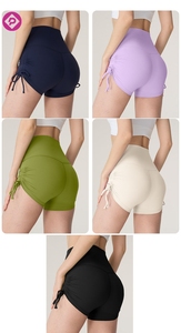 Shorts de yoga pour femmes avec logo personnalisé, sensation seconde peau, couleurs unies, plissés, avec cordon de serrage, sans ligne gênante, pour le fitness - Product Image 3