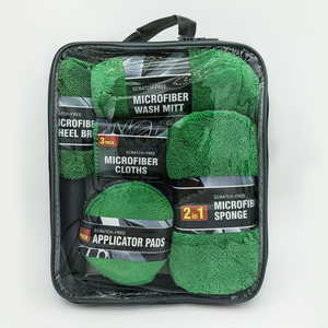 Microfiber Car Cleaning Kit 9-Piece Green Set <b>Scratch</b>-Free Wash Mitt Cloths Sponge Applicator <b>Pads</b> Wheel Brush - Product Image 1