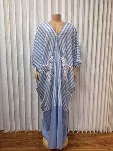 Robe longue caftan rayée grande taille pour femme avec poches en dentelle et ceinture, coupe ample décontractée, style africain tendance - Product Image 6