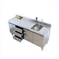 Table multifonction en acier inoxydable : station de découpe de fruits, comptoir de caisse, évier, bac à vaisselle et armoire de rangement