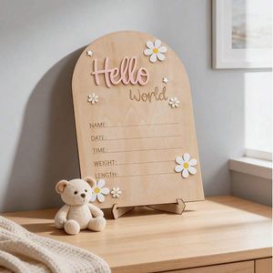 Carte de souvenir de croissance pour bébé en bois 'Bonjour <span class=keywords><strong>le</strong></span> <span class=keywords><strong>Monde</strong></span>' pour nourrissons, motif marguerites, style neutre, pour fête de bienvenue <span class=keywords><strong>du</strong></span> bébé - Product Image 1