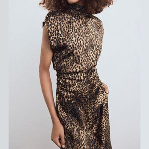 Vestido Midi de Satén con Estampado de Leopardo para Mujer, Sexy y Personalizado, Cuello Alto, Mangas Cortas, Botones, Corte Holgado - Product Image 1