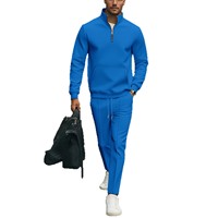 Ensemble pantalon et haut décontracté thermique pour homme, en tricot gaufré, avec strass, couleur unie, col montant, poches et demi-fermeture éclair, manches longues, collection automne