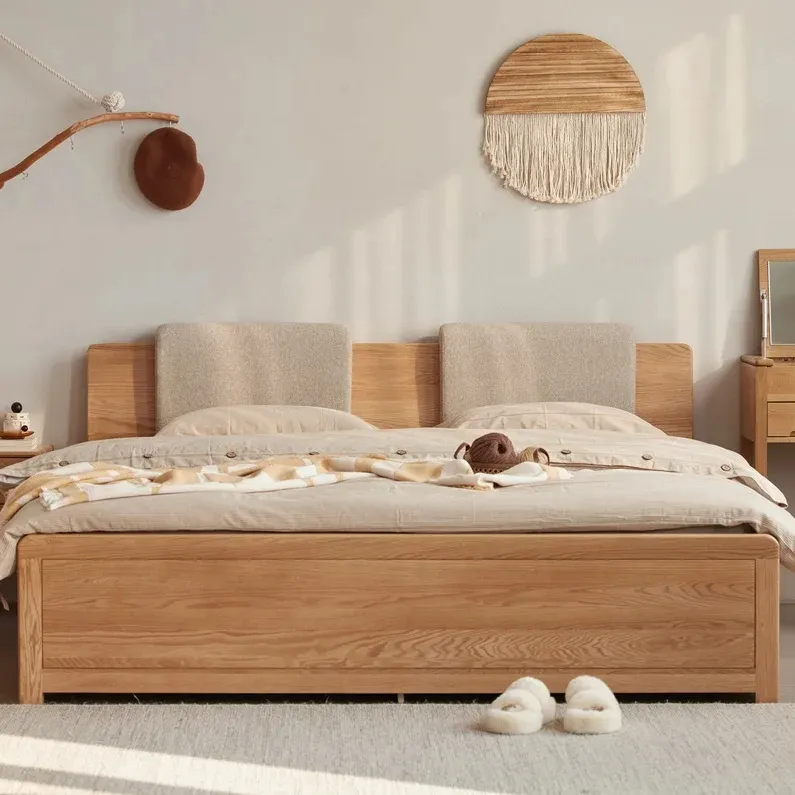 7011 न्यूनतम लकड़ी फ्रेम बिस्तर ठोस ओक लकड़ी आधुनिक बिस्तर कमरे फर्नीचर