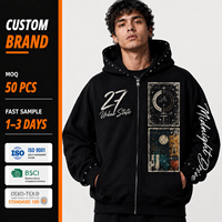 Sweats à capuche tendance sans doublure en gros, 380 g/m², coupe ample streetwear, longueur longue, impression graphique personnalisée, sweat à capuche zippé pour homme