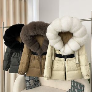 Personalizzazione di lusso di grandi dimensioni in vera pelliccia con cappuccio caldo da <span class=keywords><strong>donna</strong></span> piumino d'anatra invernale spesso caldo cappotto con cintura da <span class=keywords><strong>donna</strong></span> - Product Image 1