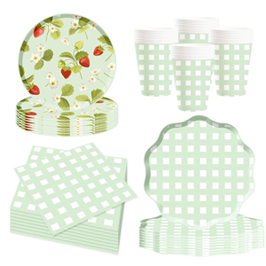 Juego de Vajilla Desechable DAMAI para Fiesta de Fresas, Platos, Vasos y Servilletas de Papel, Decoración de Cumpleaños, Diseño a Cuadros Verdes, 100 Piezas - Product Image 1