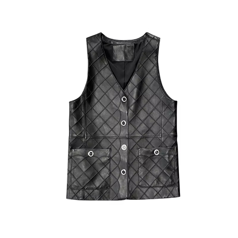 2158 New Design Casual Diamond Plaid Genuine Leather Sheepskin Standard Length Ladies Vest Coat