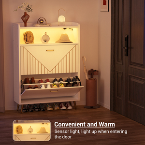 Meuble à chaussures autoportant en bois avec portes battantes, capteur de mouvement, éclairage LED, organisateur d'entrée, étagères ouvertes pour placard, salon - Product Image 2