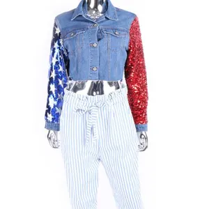 <span class=keywords><strong>Giacca</strong></span> di Jeans Crop blu a manica <span class=keywords><strong>lunga</strong></span> con <span class=keywords><strong>paillettes</strong></span> con colore a contrasto personalizzato con Design DENIM per donna - Product Image 1