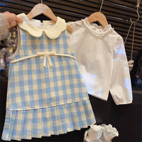 Ensemble deux pièces en tweed pour filles, col de poupée, style coréen, robe-veste et chemise à manches longues pour enfants