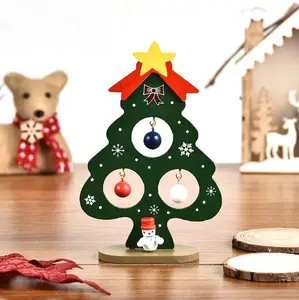 Pequena árvore de natal de madeira com crianças, quebra-cabeças diy mini árvore de natal