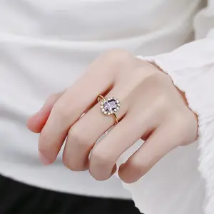 NEW Fashion Amethyst Gold Ring For Women 925 Sterling Silver Purple Crystal Ladies Wedding Engagement Jewelry