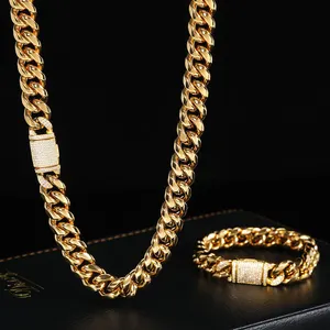 12Mm Kustom Dipersonalisasi 14K 18K Disepuh Miami Stainless Steel Emas Kuba Link Rantai Hip Hop Perhiasan Kalung untuk Pria