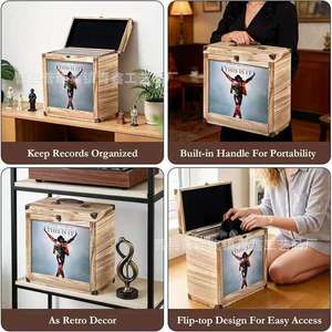 Wooden Flip Top Storage Box Rectangle With Display Window Cd Vinyl <b>Record</b> Storage Box <b>Standing</b> Type Wood Grain Pattern Qx615 - Product Image 5