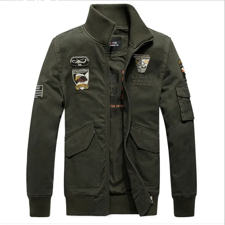 D ilkbahar ve sonbahar moda tuval erkek ceket askeri rahat artı yağ artı boyutu uzun kollu bombacı erkek ceket