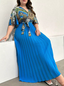 เดรสลำลองไซส์ใหญ่พิเศษ XL-4XL ดีไซน์หรูหรา ระบายอากาศได้ดี แห้งเร็ว เอวทรงเอ็มไพร์ จับจีบ คอวี ลายดอกไม้ แขนทรงกลีบดอกไม้ สำหรับฤดูร้อน - Product Image 5