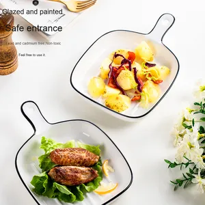 Plat de cuisson minimaliste en céramique <span class=keywords><strong>blanche</strong></span> avec poignée, plat à steak côtelé moderne, plat de cuisson carré pour la cuisine et la table à manger - Product Image 4