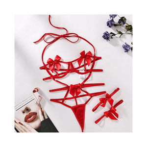 Ensemble de lingerie sexy à bretelles et nœud papillon, combinaison évidée, sous-vêtements de tentation pour jeunes femmes et filles, vente chaude, bandage rouge - Product Image 3