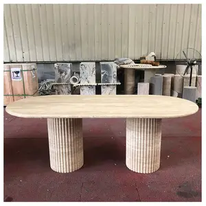 HZX Luxury Oval Shape Natural Marble Table Tops Dining Room Stone Furniture Marble Dining Table Travertine