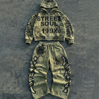 Ensemble de survêtement vintage 100% coton pour homme, imprimé graffiti délavé, deux pièces, style rétro streetwear, sweat à capuche et pantalon