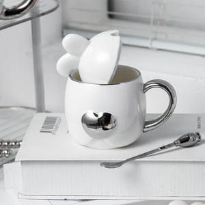 Rabbit Ceramic Mug With Lid And Spoon Silver Finish <b>Large</b> Capacity For <b>Tea</b> Coffee Drinks - Product Image 5
