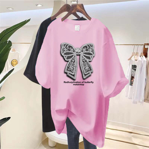 T-<span class=keywords><strong>Shirt</strong></span> Streetwear Ample – Jersey de Coton Doux avec Motif Nœud en <span class=keywords><strong>Dentelle</strong></span>, Conception Épaules Tombantes pour <span class=keywords><strong>Femme</strong></span> Style Urbain - Product Image 4